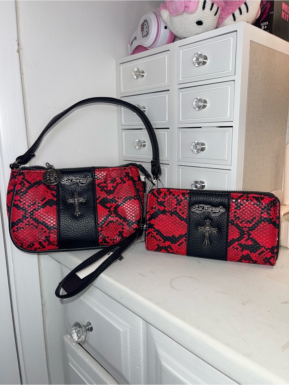NWT Ed Hardy Red and Black Snake-Print Wristlet & Zip Wallet Set
